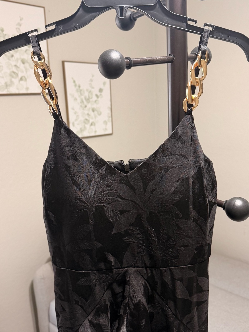 Black Strapless V-Neck Ruffle Midi Dress with Gold Chain Straps - Picture 3 of 9
